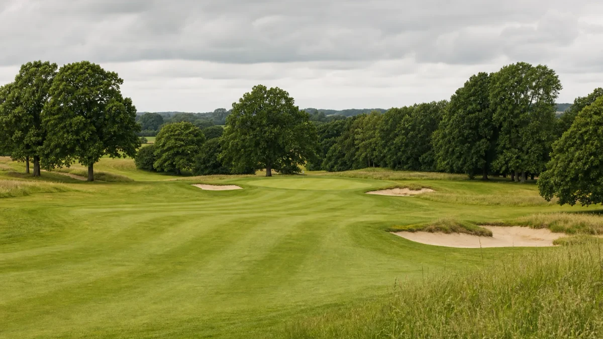 Engelsk golfbana med fairway och green i mjukt dagsljus