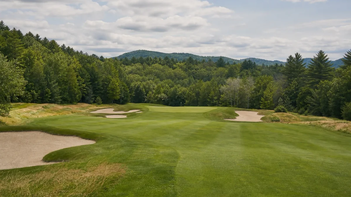 Golfbana i Vermont med fairway och skog i mjukt dagsljus