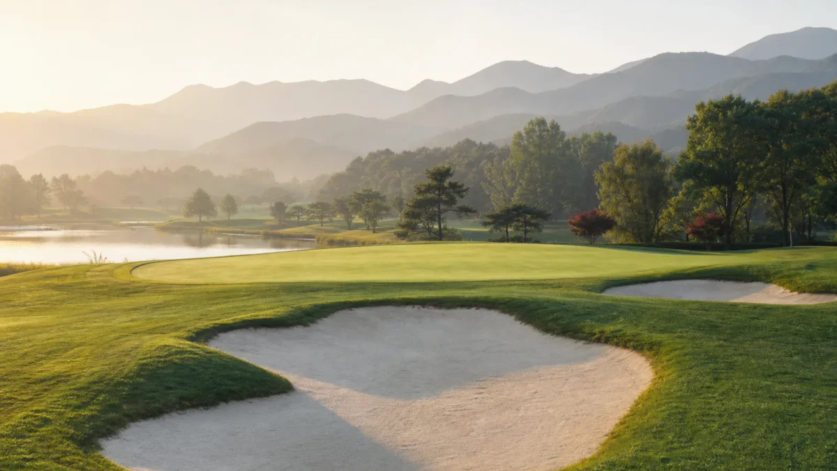 Golfbana i Kina med green och bunkrar i morgonljus