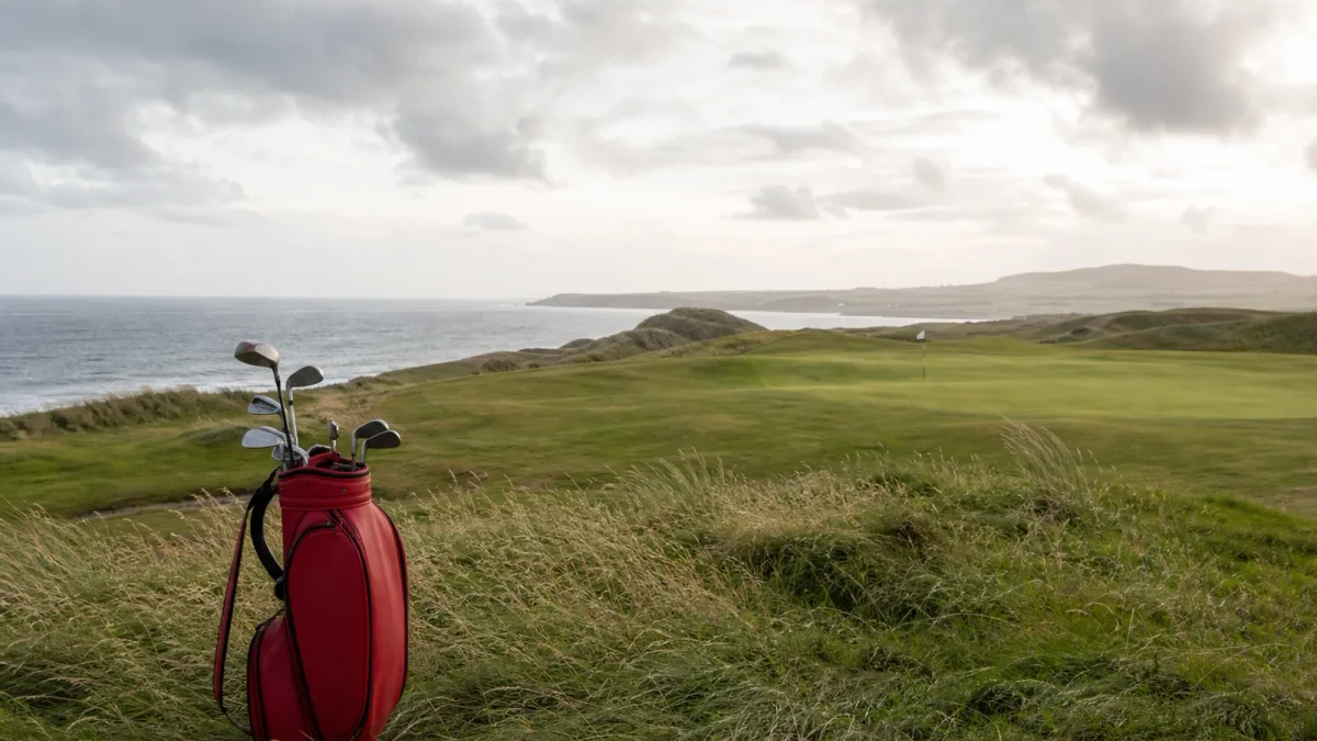 Golfklubbor och en röd golfbag vid en kustnära golfbana