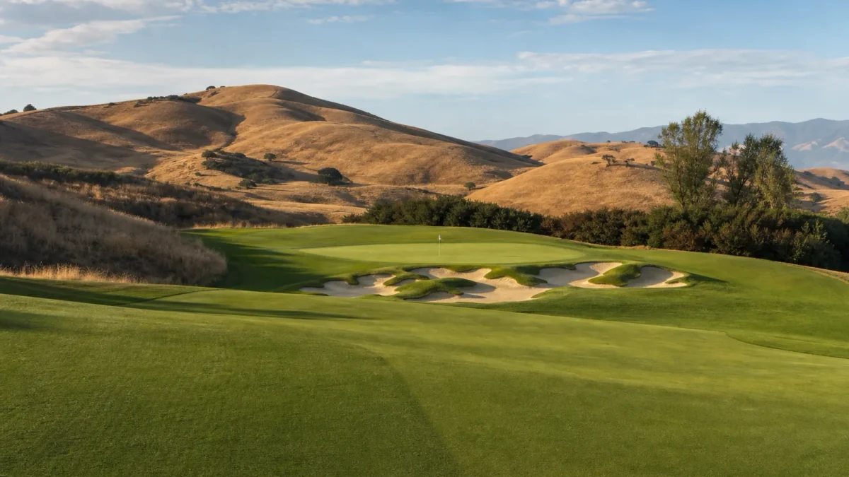 Golfbana i Kalifornien med fairway, green och torra kullar i bakgrunden