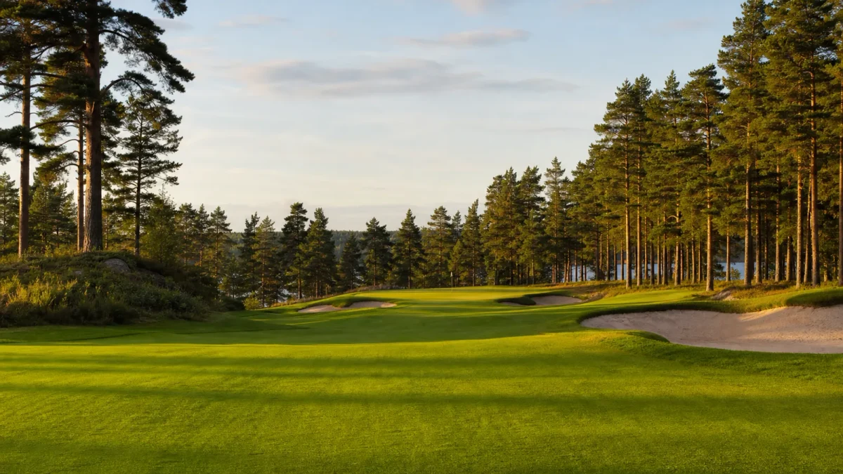 Golfbana med fairway, tallar och green i varmt kvällsljus